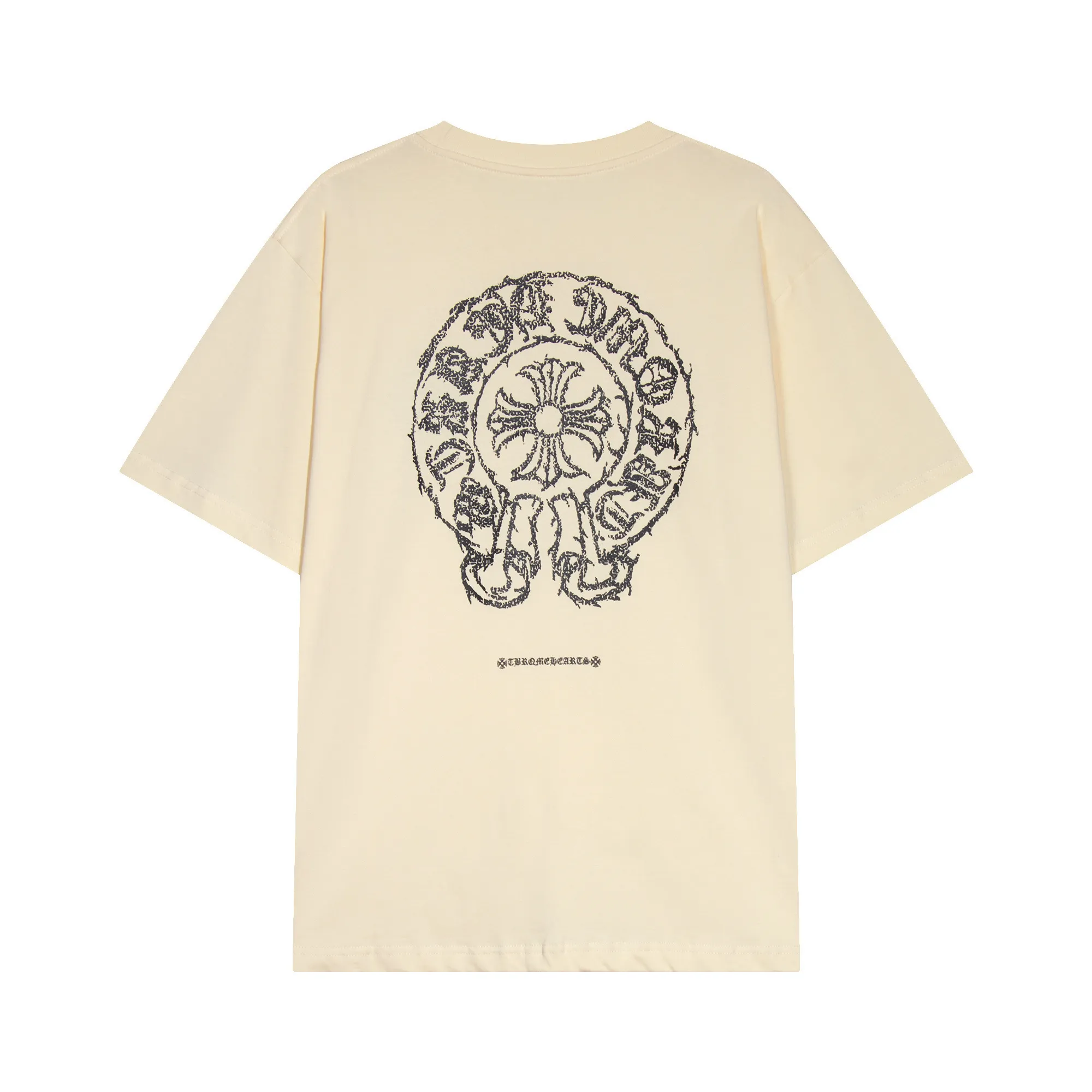 P150 Chrome Hearts Chrome Hearts Sanskrit Horseshoe Cross Short Sleeve Size: SMLXL Color: Black Apricot